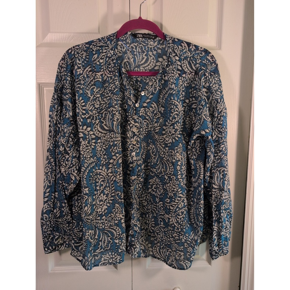 Zara Women's Long Sleeve semi-sheerFloral    Button Up Front blouse top XL